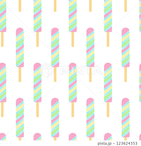 Popsicle with colorful pastel stripes in trendy pink, blue, yellow and green Summer Seamless Pattern 123624353