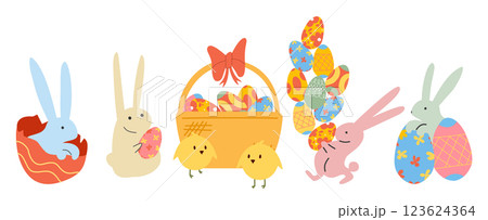 Easter collection of cute cartoon bunnies and chickens. Cute Easter characters with eggs. Easter collection of cute cartoon bunnies and chickens. Cute Easter characters with eggs. 123624364