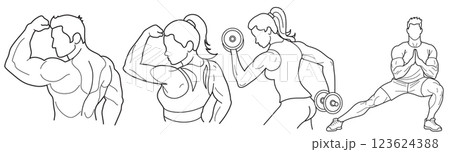 Set of line drawn silhouettes of people doing fitness. 123624388