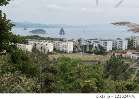 長崎県長崎市の長崎世界遺産の池島にある四方山から観えるコンクリート住居と大角力と海 123624476