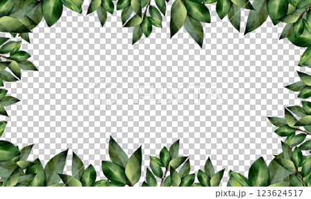Rectangular frame made of green watercolor tree leaves. Hand drawn, isolated on a white background. Template with space for text. For design, print, invitations 123624517