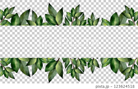 Rectangular frame made of green watercolor tree leaves. Hand drawn, isolated on a white background. Template with space for text. For design, print, invitations 123624518