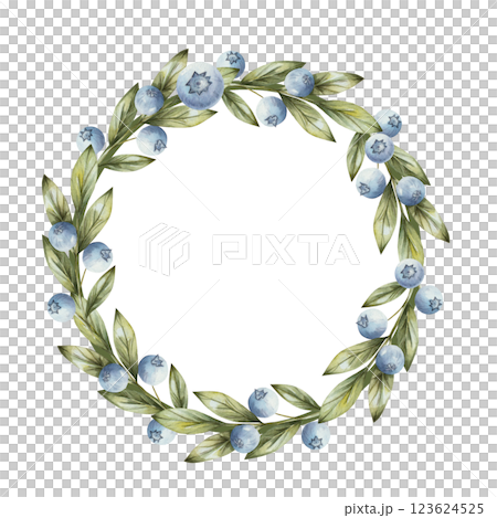 Light green round frame with blueberry leaves and berries in a realistic style. Watercolour illustration isolated on white background. For decoration of posters, cards, invitations. 123624525