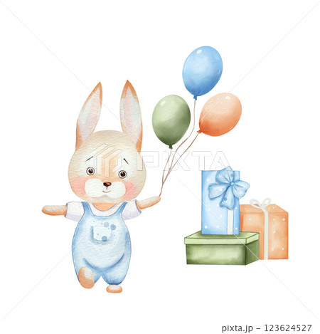 Bunny with balloons and gift boxes. Elements of invitations to a children's party, birthday. Watercolor set with cute hand drawn animal isolated on white background. For invitations, cards, design Bunny with balloons and gift boxes. Elements of invitations to a children's party, birthday. Watercolor set with cute hand drawn animal isolated on white background. For invitations, cards, design 123624527