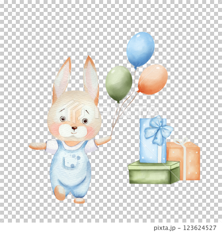 Bunny with balloons and gift boxes. Elements of invitations to a children's party, birthday. Watercolor set with cute hand drawn animal isolated on white background. For invitations, cards, design Bunny with balloons and gift boxes. Elements of invitations to a children's party, birthday. Watercolor set with cute hand drawn animal isolated on white background. For invitations, cards, design 123624527