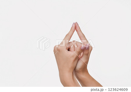 the gesture of a woman's hands connects the thumbs and forefingers. on a white background the gesture of a woman's hands connects the thumbs and forefingers. on a white background 123624609