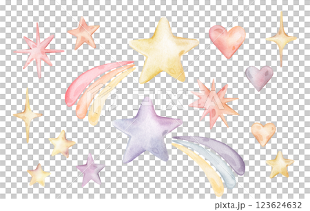 Watercolor illustration set with simple pastel colors shapes, stars, hearts. Isolated on white background. Hand drawn clipart. Perfect for card, postcard, tags, invitation, printing, wrapping. Watercolor illustration set with simple pastel colors shapes, stars, hearts. Isolated on white background. Hand drawn clipart. Perfect for card, postcard, tags, invitation, printing, wrapping. 123624632
