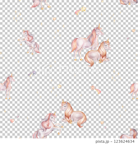 Seamless watercolor pattern with Unicorn and multicolored stars. Hand drawn Illustrations of background for nursery wallpaper, baby decor, textiles, or children paper. Pastel colors pony 123624634