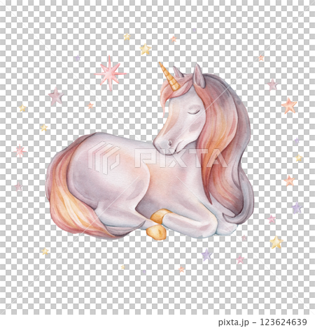 Hand drawn watercolor illustration of the Unicorn sitting. Cute yellow pink violet horse for Baby shower invitations or nursery wall art. Pastel Fantasy pony for kids greeting cards. 123624639
