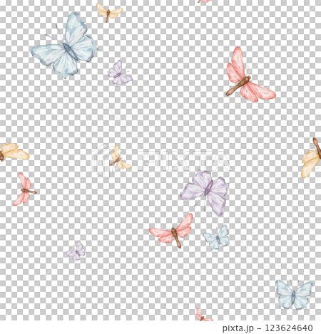 Violet and pink butterflies in pastel color on a white background, seamless pattern. Watercolor illustration. For fabric,textiles, wallpaper, wrapping paper, wrappers, covers, prints, clothing. 123624640