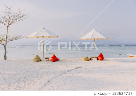 Chairs and umbrella at luxury beach. Tropical holiday banner with ocean Chairs and umbrella at luxury beach. Tropical holiday banner with ocean 123624717
