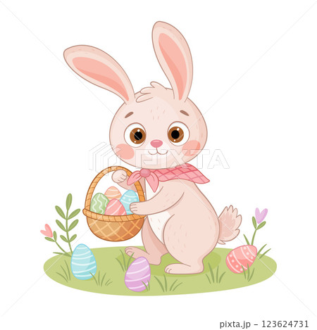 Cute Easter Bunny with a basket flat style isolated icon. Rabbit or hare spring animal Cute Easter Bunny with a basket flat style isolated icon. Rabbit or hare spring animal 123624731