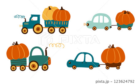 Cute tractor is carrying a big pumpkin. Children's drawing 123624792