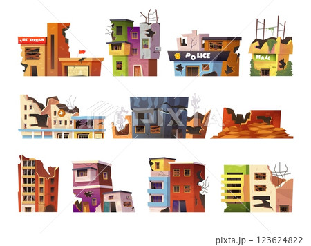 Broken buildings. Cartoon destroyed city houses, apartment building ruin abandoned property burnt old home construction destruction earthquake collapse, swanky vector illustration 123624822