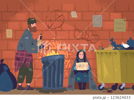 Poor people street. Homeless sad man city slum outdoor ghetto background, desperate hungry beggar bum person poverty charity shelter concept, cartoon classy vector illustration 123624833