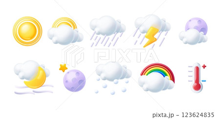 3d rainbow weather. Render climate forecast symbols, sun moon day night clouds hot thermometer lightning rain design realistic cartoon season icons set exact vector illustration 123624835