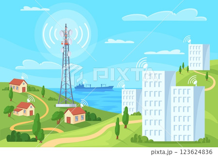 Telecom tower signal. City wireless telecommunications, 5g 4g lte internet coverage cell antenna radio transmitter television receiver connected houses, neat vector illustration 123624836