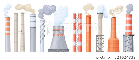 Industrial chimneys stack. Factory smokestack, power plant industry air pipes with smoke emission environmental pollution smog co2 steam industrial exhaust neat vector illustration 123624838