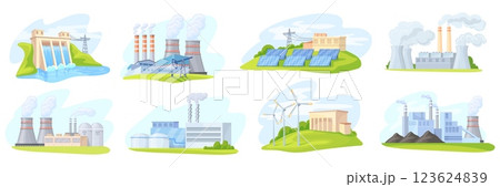 Different energy stations. Renewable power sources factory plant production, gas wind solar coal nuclear electricity hydroelectric dam industrial building, neat vector illustration 123624839
