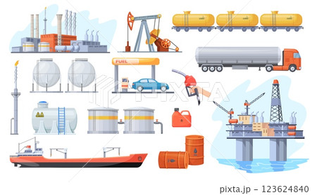 Cartoon oil gas industry. Petroleum platform refinery plant and rigs oils well drilling extraction, petrochemical production gasoline tank ship fuel fossil neat vector illustration 123624840