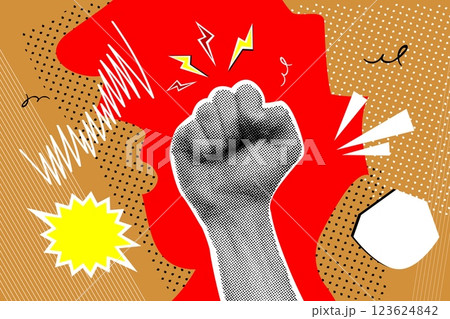 Halftone protest hand. Realistic hands protesters fists-up revolution rebel people power, vintage collage banner political propaganda against freedom riot vector illustration 123624842