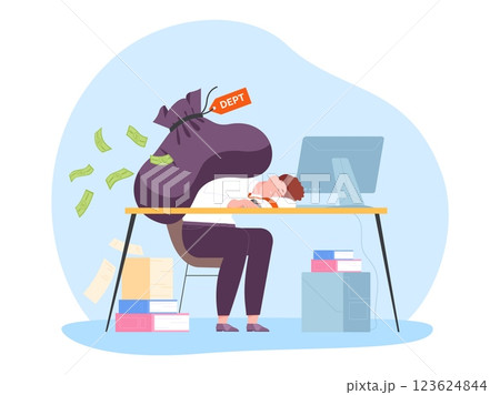 Businessman debt bag. Borrower stress man with big burden unpaid financial loan, business bankrupt carrying heavy weight with money economic trouble concept vector illustration Businessman debt bag. Borrower stress man with big burden unpaid financial loan, business bankrupt carrying heavy weight with money economic trouble concept vector illustration 123624844