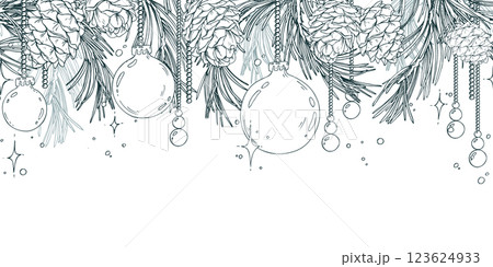 Christmas balls hanging, pine branches, cones with twinkling stars. Christmas, New Year, winter Line art is a simple hand-drawn illustration in black and white ink. Seamless border pattern vector EPS Christmas balls hanging, pine branches, cones with twinkling stars. Christmas, New Year, winter Line art is a simple hand-drawn illustration in black and white ink. Seamless border pattern vector EPS 123624933