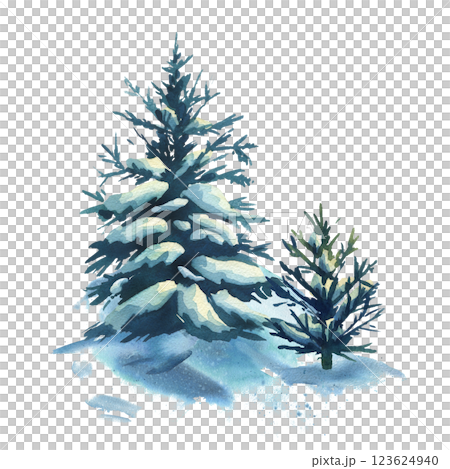 Winter landscape in the forest with two spruce trees with snow on the branches and snowdrifts around. Watercolor hand drawn illustration. Composition simple wildlife scene isolated from background 123624940
