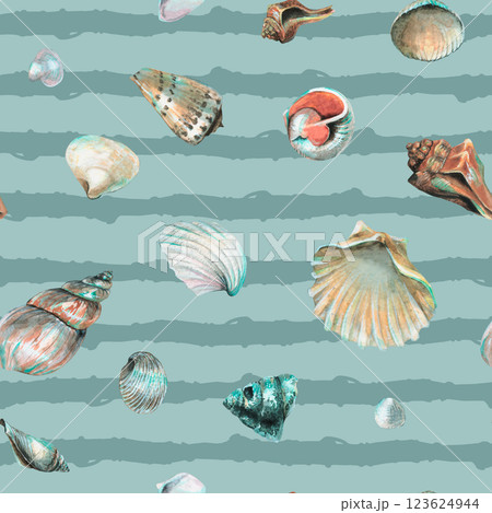 Seashell Pattern on blue background. Hand drawn watercolor seamless ornament with Sea Shells for wrapping paper or textile in nautical style. Underwater illustration with cockleshell and scallop Seashell Pattern on blue background. Hand drawn watercolor seamless ornament with Sea Shells for wrapping paper or textile in nautical style. Underwater illustration with cockleshell and scallop 123624944