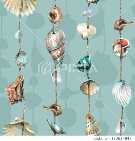 Various seashells are round, spiral, suspended on ropes. Marine garlands for decoration. Hand drawn watercolor illustration. Seamless pattern on a blue background Various seashells are round, spiral, suspended on ropes. Marine garlands for decoration. Hand drawn watercolor illustration. Seamless pattern on a blue background 123624945