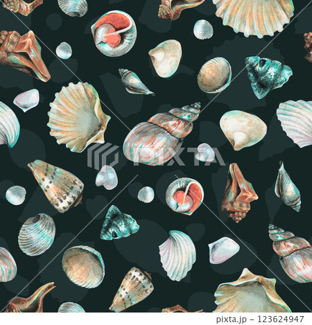 Seashell Seamless pattern on a dark blue background. Hand drawn watercolor Sea Shells for wrapping paper or textile in nautical style. Underwater illustration with cockleshell and scallop Seashell Seamless pattern on a dark blue background. Hand drawn watercolor Sea Shells for wrapping paper or textile in nautical style. Underwater illustration with cockleshell and scallop 123624947