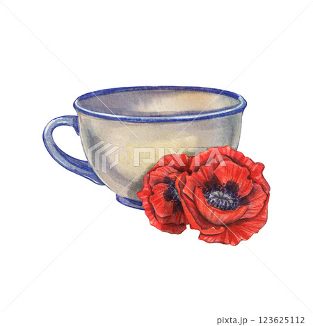 Watercolor cup with red poppies on a white background. Illustration of a rural scene. A cozy evening. A botanical image of red flowers. Provencal plants. Harvesting. Suitable for clothes, postcards. 123625112