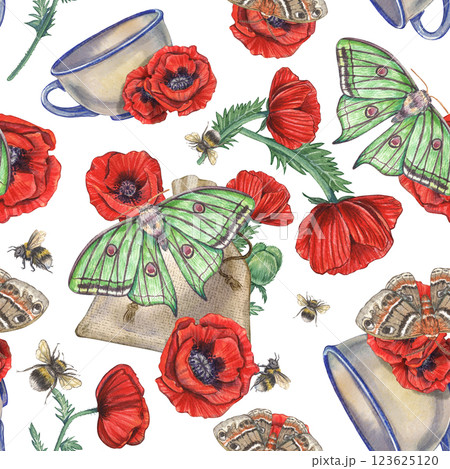 A pattern with watercolor red poppy flowers, a mug and moths on a white background. Illustration of botanical plants. Provencal flowers. A summer motif. Suitable for clothes, fabrics, postcards. A pattern with watercolor red poppy flowers, a mug and moths on a white background. Illustration of botanical plants. Provencal flowers. A summer motif. Suitable for clothes, fabrics, postcards. 123625120