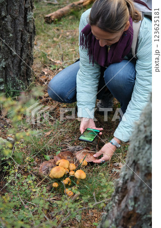 a girl with a basket of mushrooms 123625181