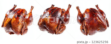 Whole roasted chicken with crispy golden and brown skin, isolated on white background with clipping path 123625256