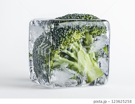 Fresh broccoli frozen inside a transparent ice cube. Isolated on white background with clipping path 123625258