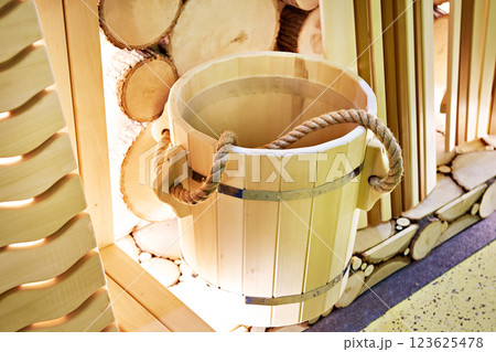 Wooden bucket for sauna 123625478