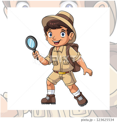 Cartoon explorer kid holding a magnifying glass Cartoon explorer kid holding a magnifying glass 123625534