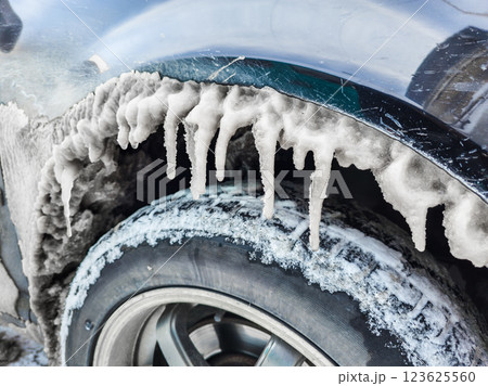 Icicles Are Forming under a Car wheel arch Harsh Winter Conditions and Cold Environments Icicles Are Forming under a Car wheel arch Harsh Winter Conditions and Cold Environments 123625560