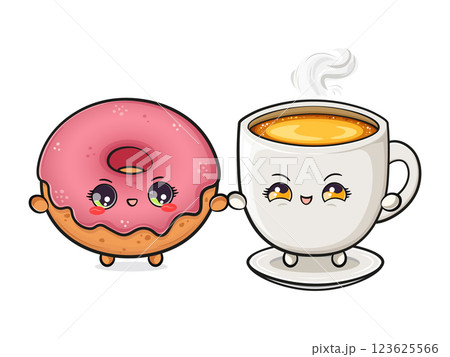 Happy Pink Donut and Coffee Cup Holding Hands. Cute Friendship 123625566