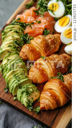 Low-angle shot of a wooden board with golden croissants, fresh avocado, boiled eggs, salmon, and microgreens. Vibrant, dynamic presentation with natural light and rustic warmth 123625733
