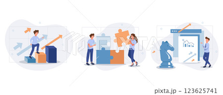 Business strategy illustration set. Characters assembling jigsaw puzzle, moving chess figure, demonstrating financial growth. Strategy, planning and success concept. Vector illustration. 123625741