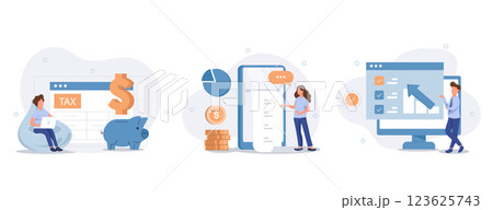 Various Finance Icons. Characters Calculating Long Bill or Invoice Online, Filling Tax From, Analyzing Financial Data. Income Management Concept. Flat Cartoon Vector Illustration. 123625743