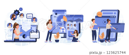Campaign tracking and analysis abstract concept vector illustration set. Marketing campaign management, video content, email marketing, social media metrics, audience engagement abstract metaphor. 123625744