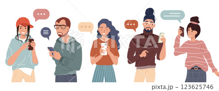 Young Fashionable People Looking on Smartphones and Chatting. Happy Boys and Girls talking and typing on Phone. Female and Male Characters collection. Flat Cartoon Vector Illustration. Young Fashionable People Looking on Smartphones and Chatting. Happy Boys and Girls talking and typing on Phone. Female and Male Characters collection. Flat Cartoon Vector Illustration. 123625746