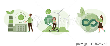 Circular economy illustration set. Sustainable economic growth with renewable energy and natural resources. Green energy, sustainable industry and manufacturing concept. Vector illustration. Circular economy illustration set. Sustainable economic growth with renewable energy and natural resources. Green energy, sustainable industry and manufacturing concept. Vector illustration. 123625748