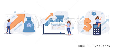 Cost optimization concept set. Idea of financial and marketing strategy. Cost and income balance. Spending and cost reduction, while maximizing business value. Isolated flat illustration vector 123625775