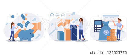 Cost optimization concept set. Idea of financial and marketing strategy. Cost and income balance. Spending and cost reduction, while maximizing business value. Isolated flat illustration vector Cost optimization concept set. Idea of financial and marketing strategy. Cost and income balance. Spending and cost reduction, while maximizing business value. Isolated flat illustration vector 123625776