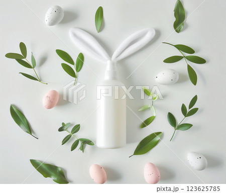 Wellness, Beauty Easter concept. White bottle, easter eggs and white bunny 123625785