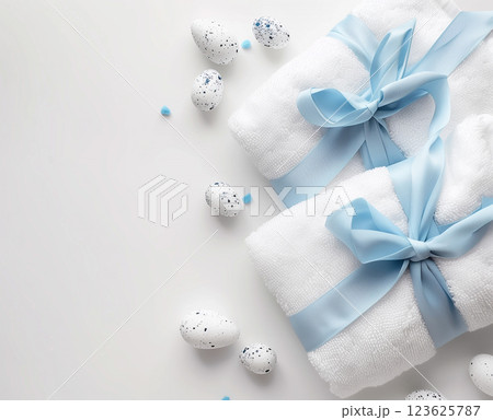 Wellness Easter concept. Set towels in white colors, blue eggs and copy space for your text 123625787